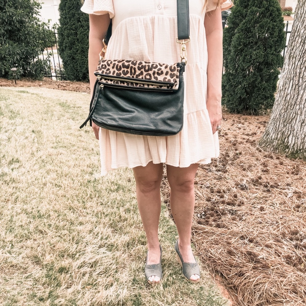 Leather cheetah print crossbody purse